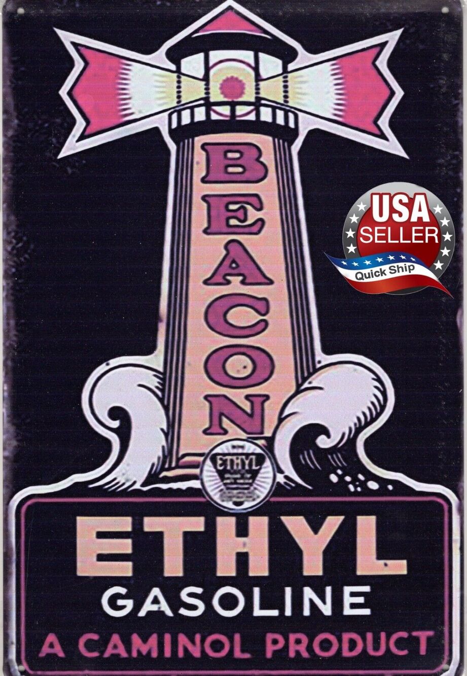 Retro Tin Sign •Petroliana •Beacon Ethyl Gasoline •A Caminol Product •Lighthouse